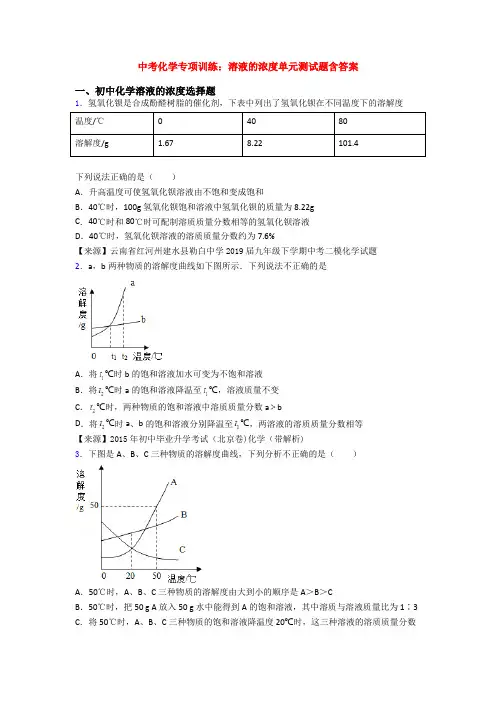 中考化学专项训练：溶液的浓度单元测试题含答案
