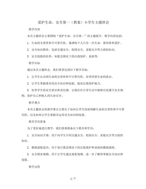 爱护生命,安全第一(教案)小学生主题班会