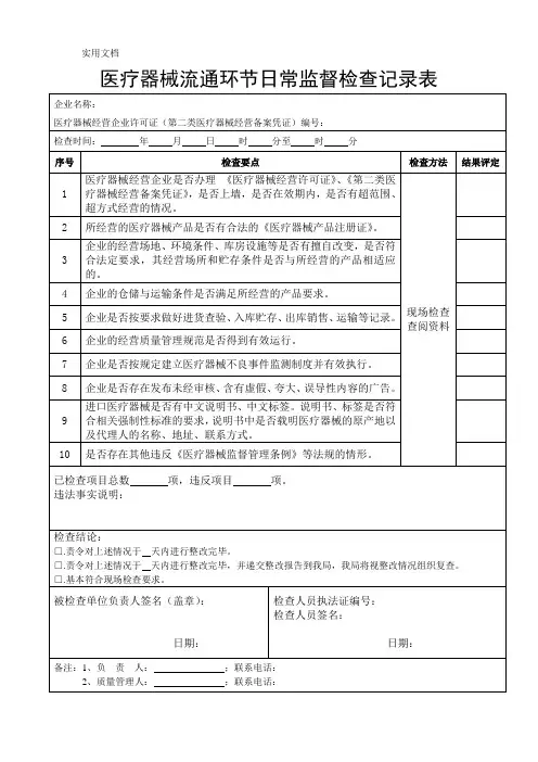 医疗器械流通环节日常监督检查记录表(新)