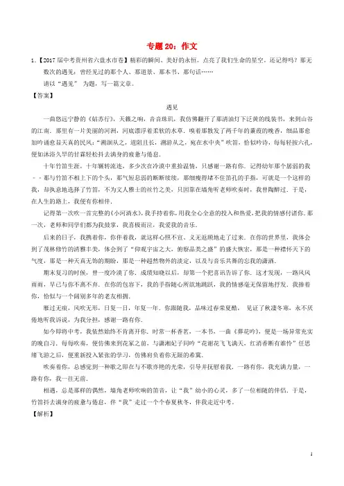 2017年中考语文试题分项版解析汇编专题20作文(含解析)