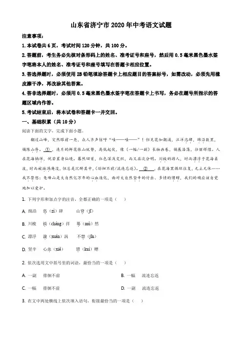 精品解析：山东省济宁市2020年中考语文试题(原卷版)