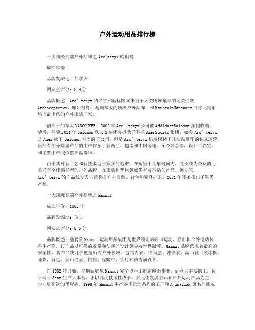 户外运动用品排行榜