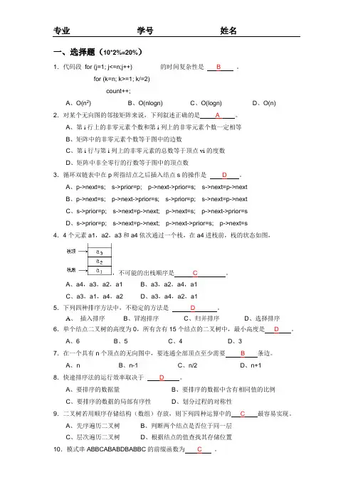 算法与数据结构试卷--福州大学