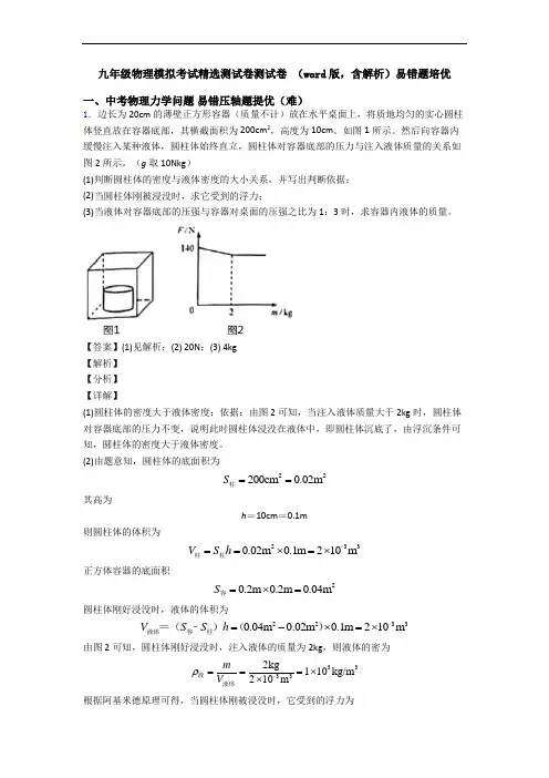 九年级物理模拟考试精选测试卷测试卷 (word版,含解析)易错题培优