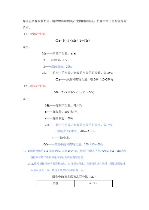 燃煤锅炉灰渣、烟气量、烟尘、二氧化硫的计算