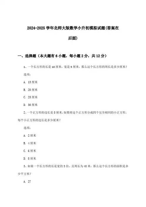 2024-2025学年北师大版小升初数学试题与参考答案