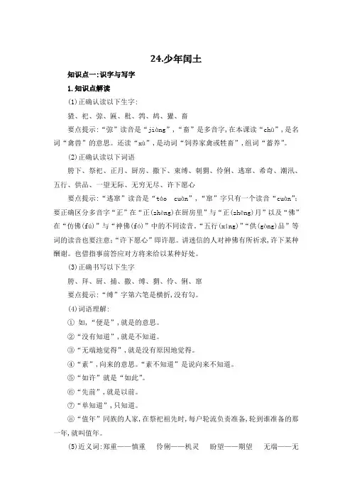 六年级上册语文知识点解读及训练 24少年闰土(含答案解析)