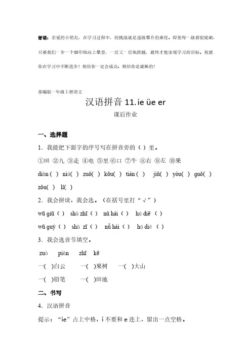 一年级上册语文部编版课后作业汉语拼音ie üe er -(试卷配答案)