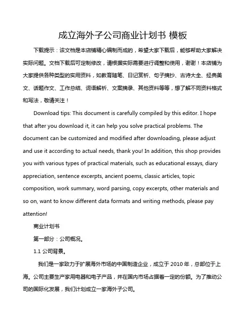 成立海外子公司商业计划书 模板