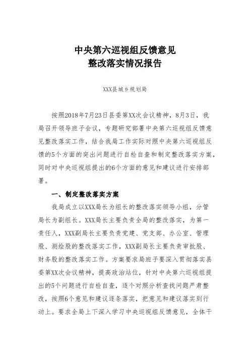 规划局中央第六巡视组整改落实情况报告
