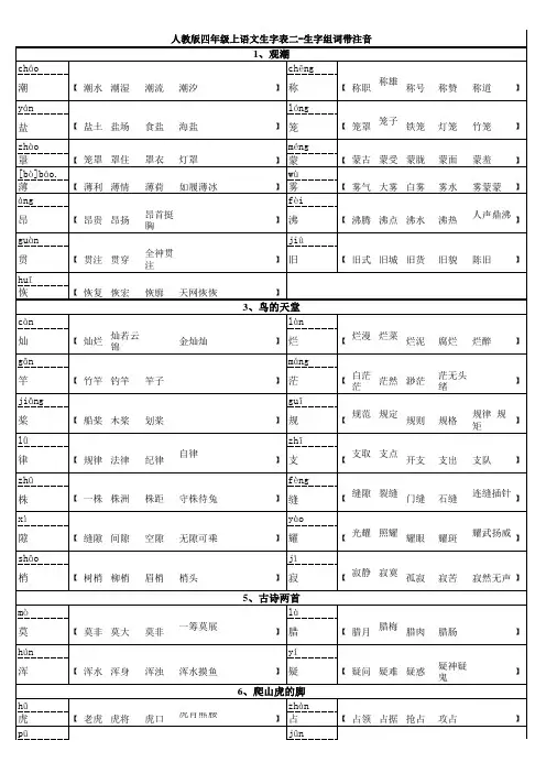 人教版四年级上语文生字表二-生字组词带注音