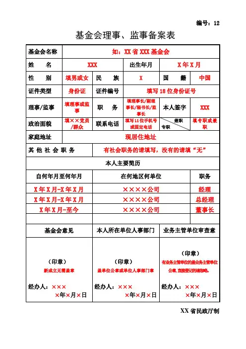 基金会理事、监事备案表(示例表格)