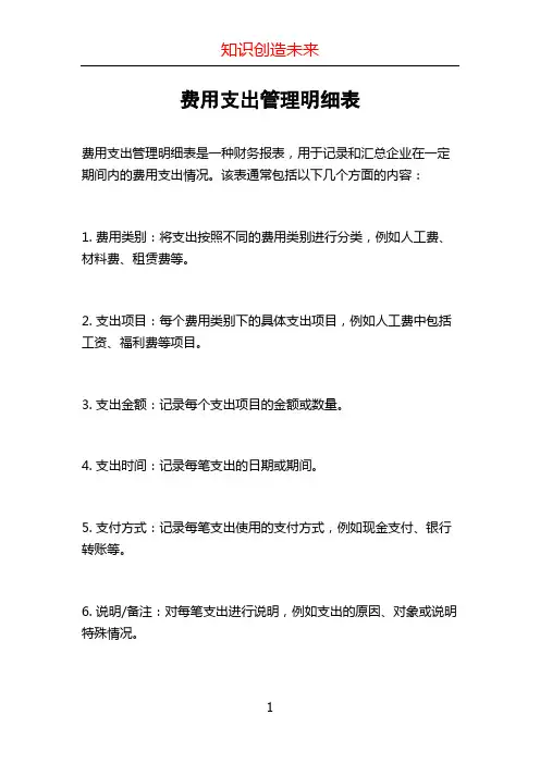 费用支出管理明细表