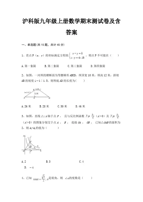 沪科版九年级上册数学期末测试卷及含答案