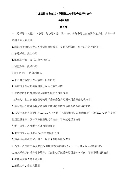 广东省湛江市2020届高三下学期第二次模拟考试理科综合生物试题(有答案)(已审阅)