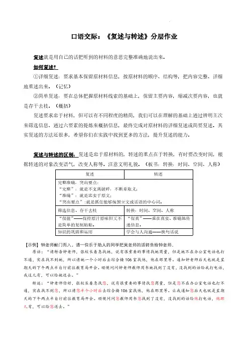 初中语文八上口语交际：复述与转述(基础+提高+拓展练习+详解)
