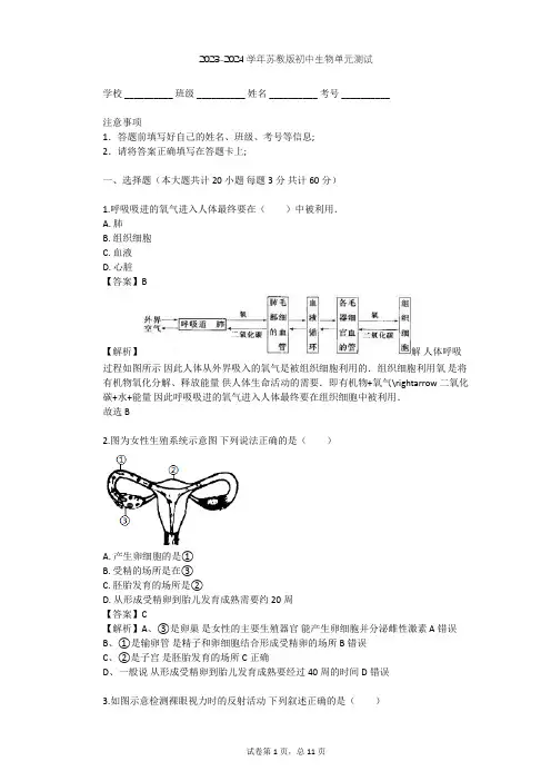 2023-2024学年初中生物苏教版七年级下第4单元 生物圈中的人单元测试(含答案解析)