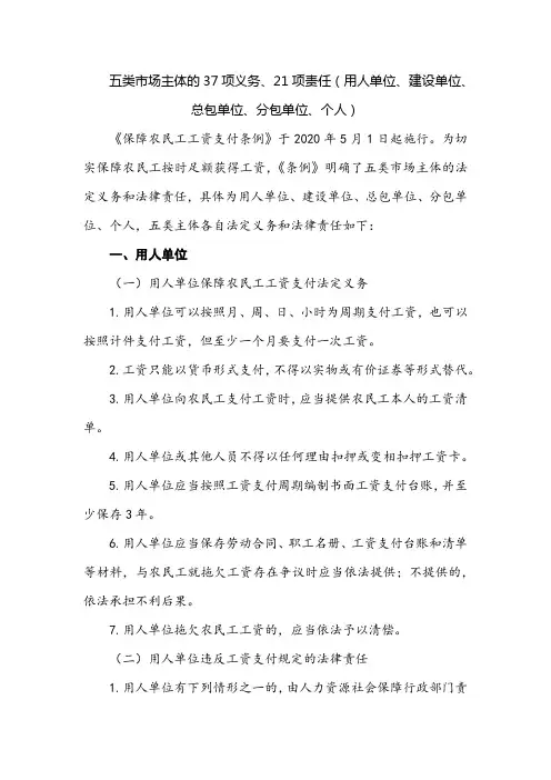五类市场主体的37项义务21项责任(用人单位、建设单位、总包单位、分包单位、个人)