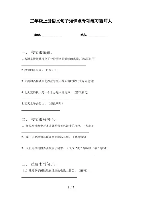 三年级上册语文句子知识点专项练习西师大