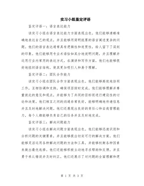 实习小组鉴定评语