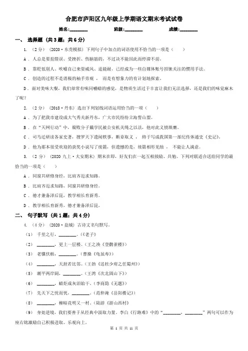 合肥市庐阳区九年级上学期语文期末考试试卷