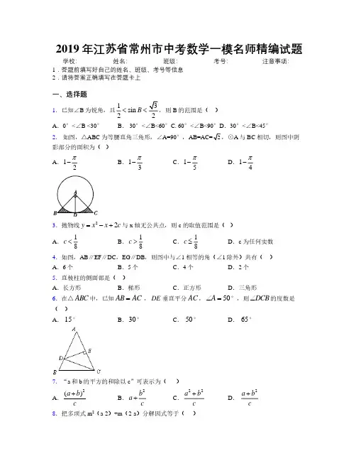 2019年江苏省常州市中考数学一模名师精编试题附解析