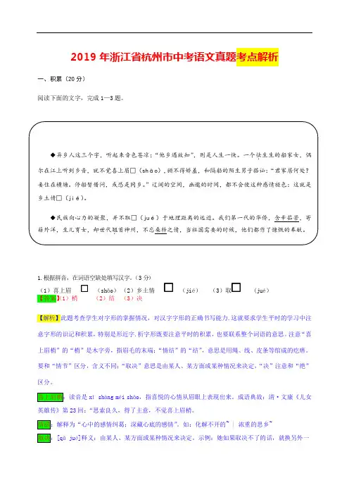 2019年浙江省杭州市中考语文真题考点解析