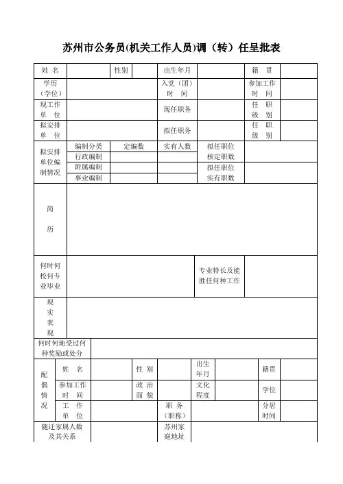 苏州市公务员(机关工作人员)调(转)任呈批表