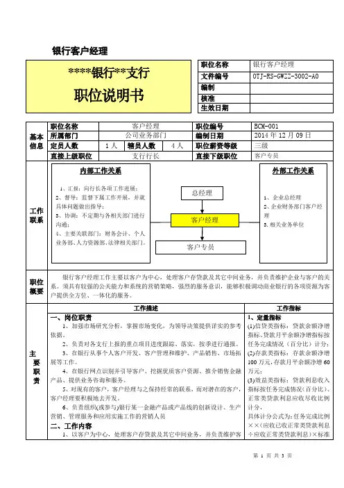 银行客户经理岗位说明书