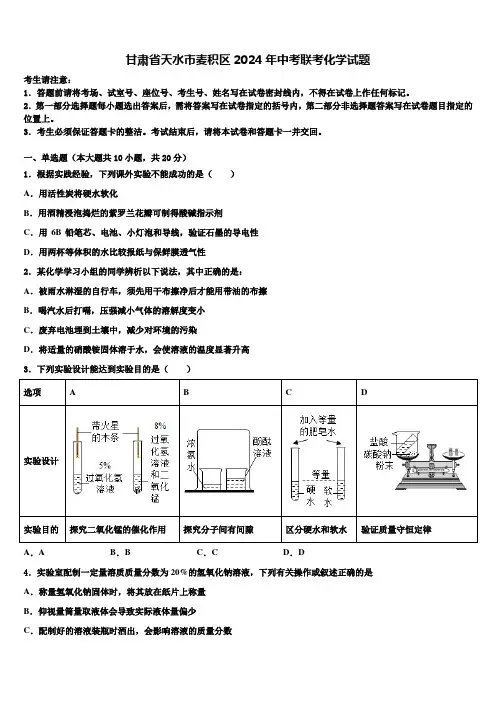 甘肃省天水市麦积区2024年中考联考化学试题含解析