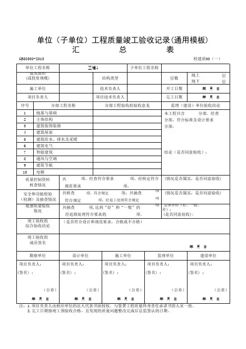 单位(子单位)工程质量竣工验收记录汇总表(通用模板)