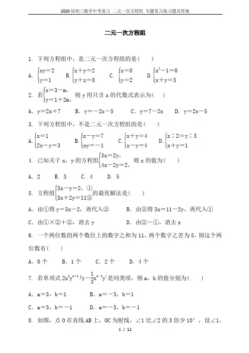 2020届初三数学中考复习 二元一次方程组 专题复习练习题及答案