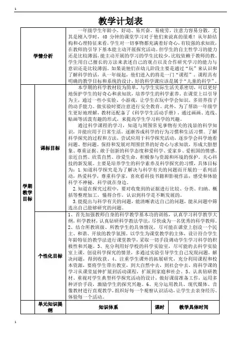 苏教版小学科学新版一年级下册科学教学计划表