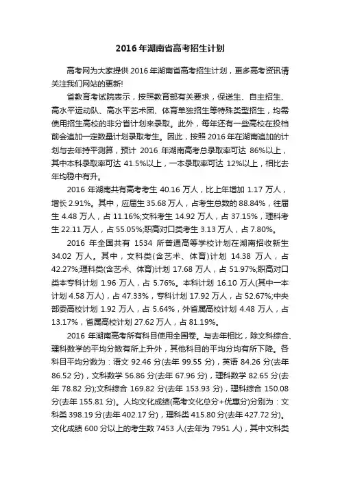 2016年湖南省高考招生计划