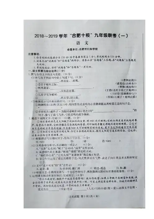 2018-2019学年安徽省“合肥十校”九年级联考(一)语文试题(图片版)(含详细答案)