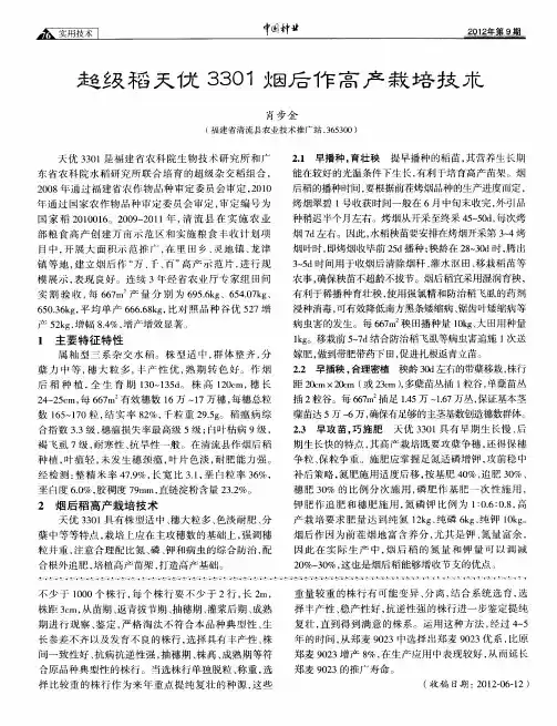 超级稻天优3301烟后作高产栽培技术