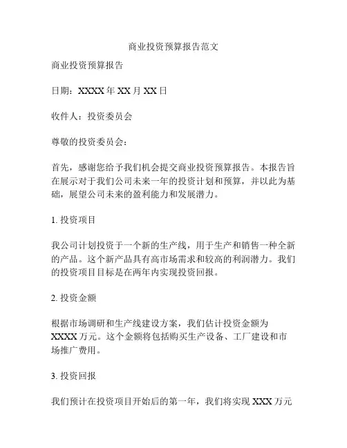 商业投资预算报告范文