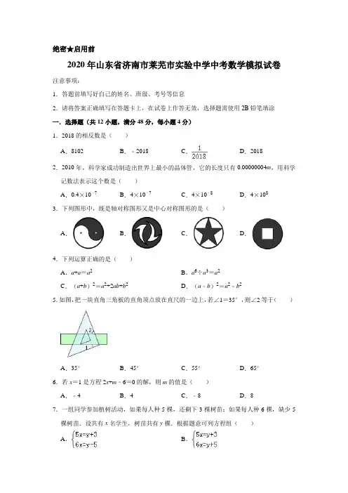2020年山东省济南市莱芜市实验中学中考数学模拟试卷含解析版