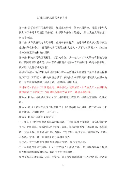 山西省耕地占用税实施办法1987