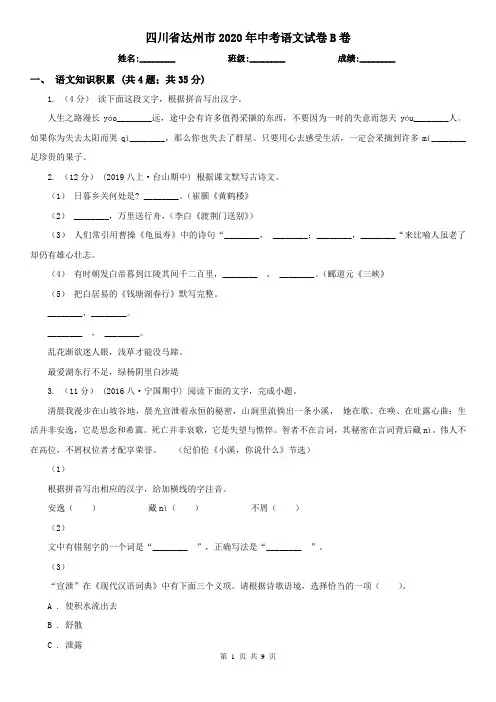 四川省达州市2020年中考语文试卷B卷