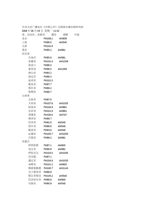 中央人民广播电台中国之声全国频率表