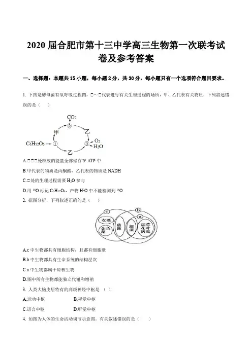 2020届合肥市第十三中学高三生物第一次联考试卷及参考答案