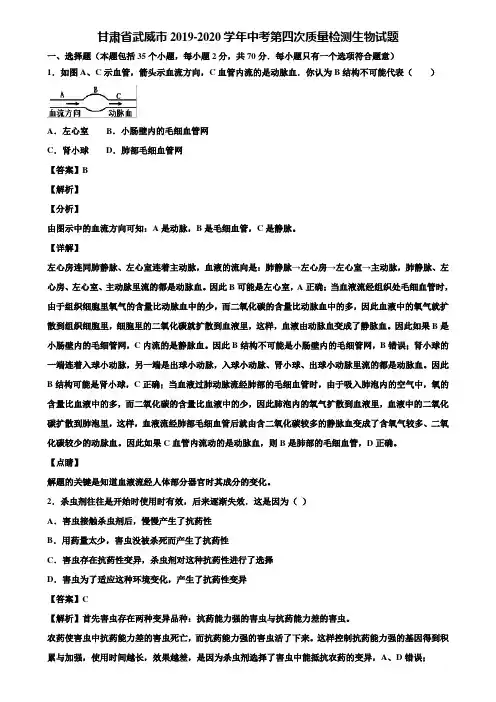 甘肃省武威市2019-2020学年中考第四次质量检测生物试题含解析