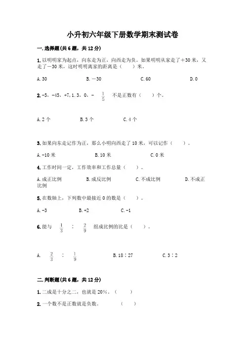 小升初六年级下册数学期末测试卷及完整答案（必刷）