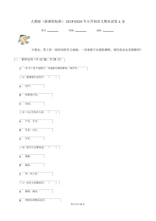 人教版(新课程标准)2019-2020年小升初语文期末试卷A卷