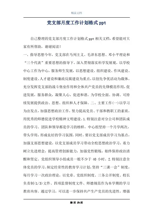 党支部月度工作计划格式ppt