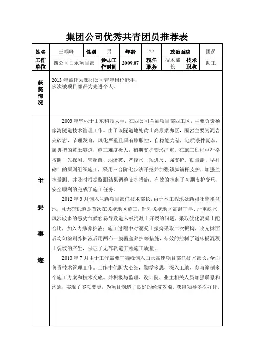 集团公司优秀共青团员推荐表