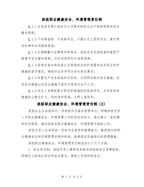 班组职业健康安全、环境管理责任制(2篇)