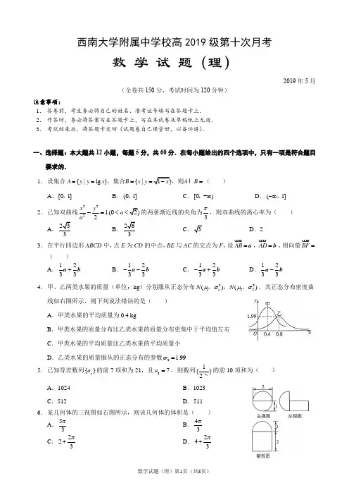 西南大学附属中学校高2019级第十次月考理科数学试题(理)