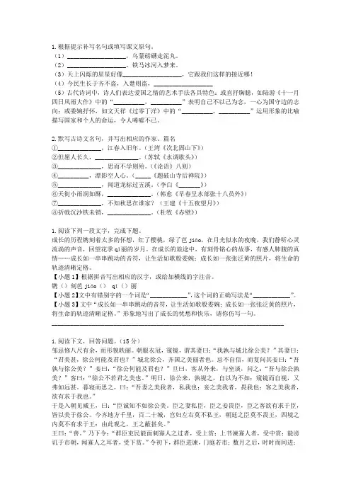 2015届上海市奉贤区高三上学期期末调研测试语文试卷J